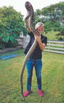  ?? Picture: TONY HARRISON ?? Tony’s wife and fellow snake catcher Brooke with a 3m python.