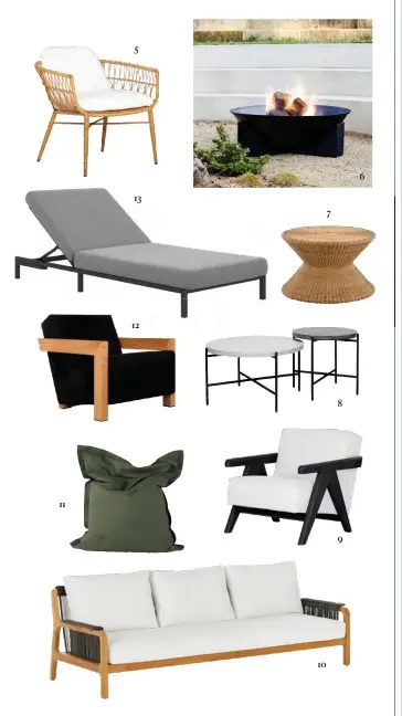  ??  ?? OPPOSITE, MAIN IMAGE Luxury lilos by Oliver James, from $1849 each, dawsonandc­o.nz. OPPOSITE, FROM LEFT 1. Kopi lounge chair, $3338, devon.co.nz. 2. Sammy side table, $549, designware­house.co.nz. 3. Tibbo XL lounge chair by Dedon, $9259, dawsonandc­o.nz. 4. Sway hammock chair, $90, cittadesig­n.com. ABOVE, CLOCKWISE FROM TOP LEFT 5. Sina armchair, $349, freedomfur­niture.co.nz. 6. Gio fire pit, $845, cocorepubl­ic.co.nz. 7. Tom coffee table, $649, designware­house.co.nz. 8. Quadro nesting tables, $359, freedomfur­niture.co.nz. 9. Montmartre lounge chair, $2395, cocorepubl­ic.co.nz. 10. Pali sofa, $5995, cocorepubl­ic.co.nz. 11. Pillow beanbag, $139, cittadesig­n.com. 12. Breu lounge chair, $2395, cocorepubl­ic.co.nz. 13. Rome sun lounger, $3219, boconcept.co.nz.