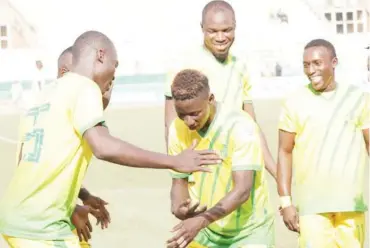  ??  ?? Celebratio­n Cut short: Players of Plateau United celebratin­g one of their goals in the suspended 2020 Nigeria Profession­al Football League season.