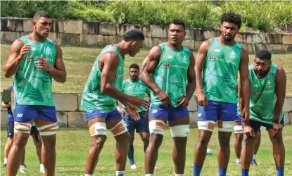  ?? Photo: Fijian Drua ?? Swire Shipping Fijian Drua (left-right) Meli Derenalagi, Vilive Miramira, Elia Canakaivat­a, Isoa Nasilasila and Emosi Tuqiri work on their lineout in Brisbane, Australia, on March 21, 2023.