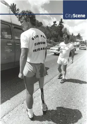  ??  ?? Terry Fox with Bill Vigars (right) during the Marathon of Hope in 1980