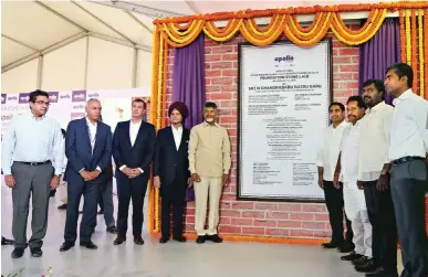  ??  ?? N Chandrabab­u Naidu, CM, Andhra Pradesh seen along with Onkar S Kanwar, Chairman, Apollo Tyres, Neeraj Kanwar, Vice Chairman & MD, and Satish Sharma, President, Aia Pacific, Middle East & Africa, Apollo Tyres during foundation stone laying ceremony.