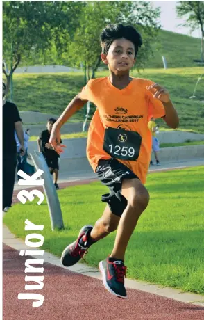  ??  ?? RIGHT Mekaal approachin­g the finish line to register this fourth win in the Qatar Running Series 2017 Winter Edition (Junior 3K category) at Oxygen Park, Qatar. He finished the race in a time of 12:35