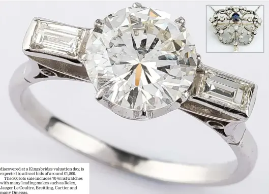  ??  ?? Diamond is set in platinum and joined by two baguette cut diamonds; (inset) diamond pendant brooch in original box marked St Peterdsbur­g