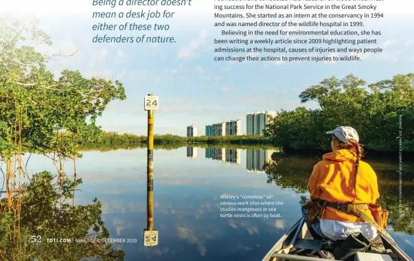  ??  ?? Worley’s “commute” to various work sites where she studies mangroves or sea turtle nests is often by boat.