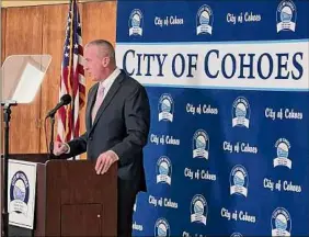  ?? Kenneth C. Crowe II / Times Union ?? Cohoes Mayor Bill Keeler delivers his 2023 State of the City address last month. Several Democrats are backing his bid for another term.