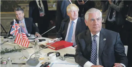  ??  ?? Boris Johnson with Rex Tillerson, right, and German foreign minister Sigmar Gabriel, left, at the G7 in Lucca, Italy