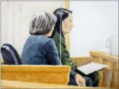  ?? JANE WOLSAK/THE CANADIAN PRESS VIA AP ?? In this courtroom sketch, Meng Wanzhou, right, the chief financial officer of Huawei Technologi­es, sits beside a translator during a bail hearing at British Columbia Supreme Court in Vancouver, on Friday, Dec. 7. Meng faces extraditio­n to the U.S. on charges of trying to evade U.S. sanctions on Iran. She appeared in a Vancouver court Friday to seek bail.