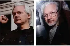  ?? Fotos: Justin Tallis, afp/dominic Lipinski, dpa ?? Assange 2017 auf dem Balkon der Botschaft Ecuadors und nach seiner Anhörung 2020.