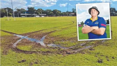  ??  ?? DISGRACE: The damage caused to Teachers West’s rugby fields by a rogue vehicle and ( inset) club coach Terry Shiells.