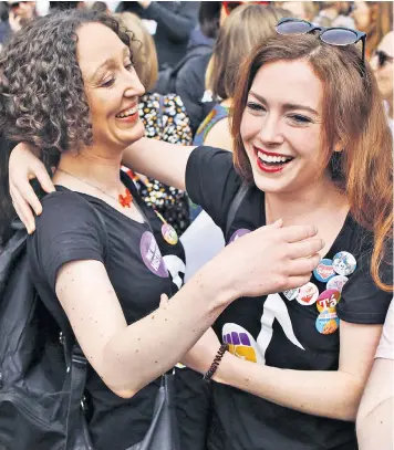  ??  ?? Celebratio­ns at Dublin Castle yesterday as supporters of the ‘Yes’ campaign reacted to their striking victory in the referendum on abortion