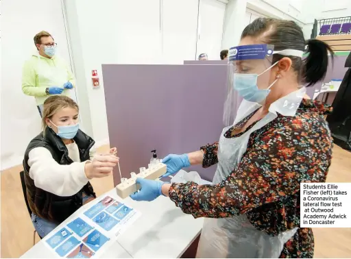  ??  ?? Students Ellie Fisher (left) takes a Coronaviru­s lateral flow test
at Outwood Academy Adwick in Doncaster