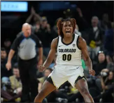 ?? PAC-12 CONFERENCE ?? Colorado’s Jaylyn Sherrod celebrates a big play against Washington State during the Pac-12 women’s basketball semifinals Friday in Las Vegas.