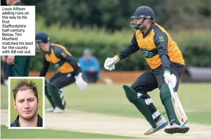  ??  ?? Louis Allison adding runs on the way to his first Staffordsh­ire half-century. Below, Tim Maxfield matched his best for the county with 88 not out.