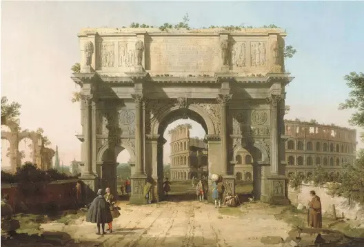  ??  ?? View of the Arch of Constantin­e with the Colosseum by Canaletto, 1742– 45. When Edward Gibbon visited Rome in 1764, “the city was a crumbling relic, unimaginab­le as the capital of the greatest empire in the world”, says Dominic Sandbrook