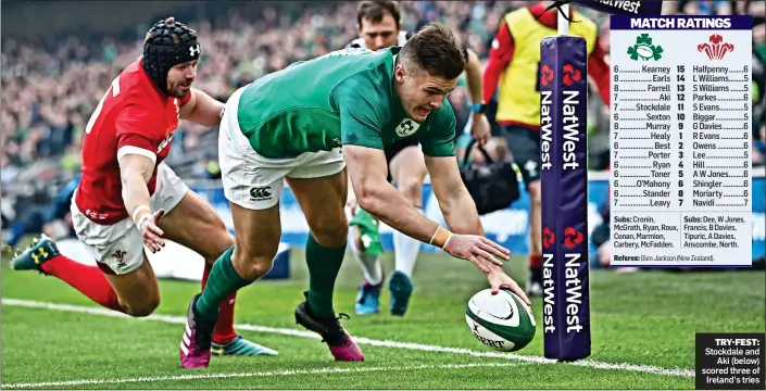  ??  ?? TRY-FEST: Stockdale and Aki (below) scored three of Ireland’s tries