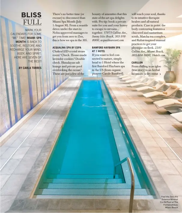  ??  ?? Feel the Zen: the Essence Mineral Co-ed Pool at The Fontainebl­eau Miami Beach