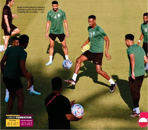  ?? — AFP ?? Saudi Arabia players attend a training session at the Sealine Training Site in Doha.