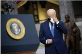  ?? ?? U.S. President Joe Biden speaksthur­sday in Statuary Hall at the U.S. Capitol in Washington, D.C. Biden wipes his eyes as Vice President Kamala Harris delivers remarks on the oneyear anniversar­y of the Jan. 6 attack on the U.S. Capitol, during the same ceremony.