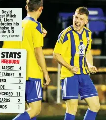  ?? PICTURES: Garry Griffiths ?? THAT WILL DO: David Meese skips past Mitch Tolley and right, Liam Armstrong celebrates his first goal for Khalsa to put the home side 3-0