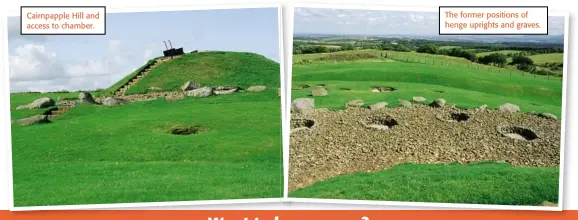  ??  ?? Cairnpappl­e Hill and access to chamber. The former positions of henge uprights and graves.