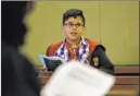  ??  ?? Alejandro Mata, 10, in character as Harry Potter, takes the stand in his defense during a mock trial Friday at the Regional Justice Center.