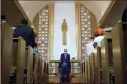  ?? CAROLYN KASTER-ASSOCIATED PRESS ?? In this Thursday, Sept. 3, 2020 file photo, Democratic presidenti­al elect oe Biden bows his head in prayer at Grace Lutheran Church in Kenosha, Wis.