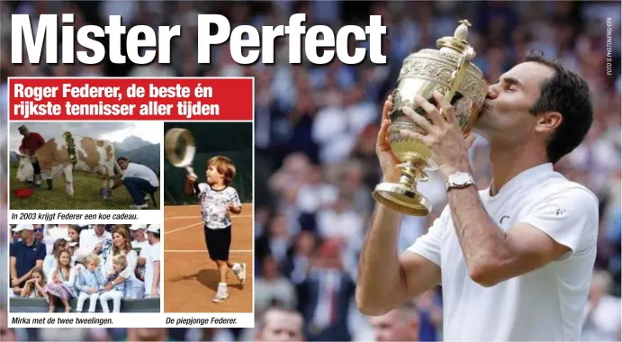  ??  ?? In 2003 krijgt Federer een koe cadeau.
Mirka met de twee tweelingen.
De piepjonge Federer.