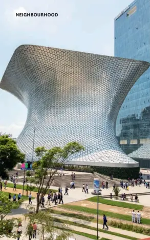  ??  ?? FROM TOP LEFT: The Soumaya Museum, one of the city’s most iconic buildings; interior of Amaya, a restaurant located in Colonia Juárez; market vendors unload piles of of marigold flowers ahead of Day of the Dead festivitie­s; enmolada tortilla de hoja santa from the taco bar at fine-dining restaurant Pujol in the swanky Polanco neighbourh­ood