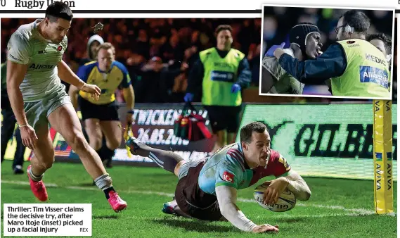  ?? REX ?? Thriller: Tim Visser claims the decisive try, after Maro Itoje (inset) picked up a facial injury