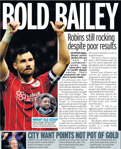  ??  ?? WRIGHT OLD SCRAP Robins skipper Bailey Wright and City boss Lee Johnson expect a bruising derby clash