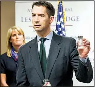  ?? Arkansas Democrat-Gazette/MITCHELL PE MASILUN ?? U.S. Sen. Tom Cotton, R-Ark., uses a salt shaker to illustrate that a similar quantity of the drug fentanyl would kill thousands of people. Cotton and Arkansas Attorney General Leslie Rutledge held a news conference Wednesday to discuss their efforts...