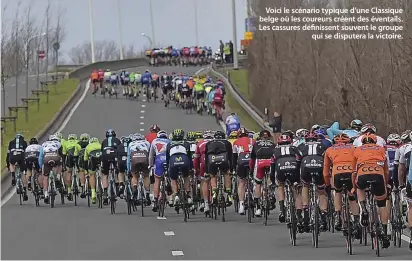  ??  ?? Voici le scénario typique d’une Classique belge où les coureurs créent des éventails. Les cassures définissen­t souvent le groupe qui se disputera la victoire.