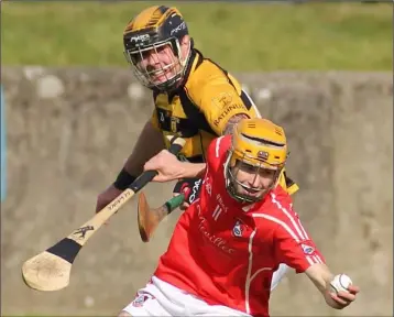  ??  ?? Fethard captain Mark Wallace grabs the ball under pressure from Stephen Furlong of Rathnure.