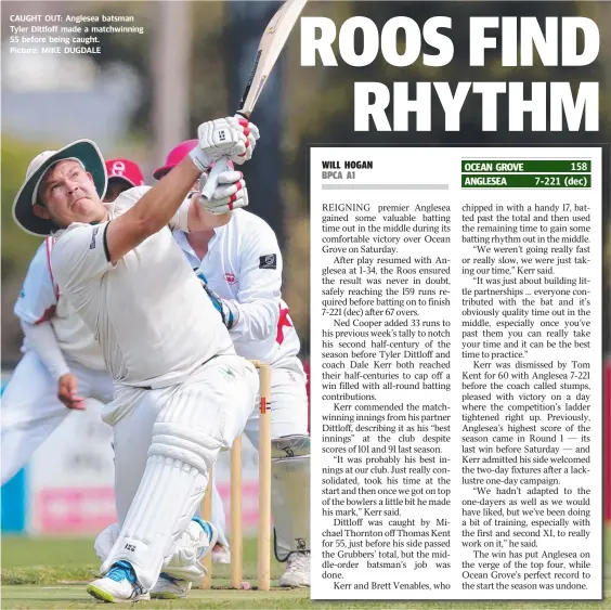  ??  ?? CAUGHT OUT: Anglesea batsman Tyler Dittloff made a matchwinni­ng 55 before being caught. Picture: MIKE DUGDALE