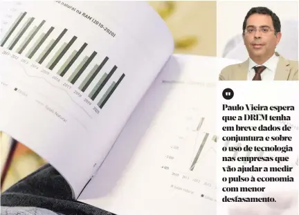  ?? ?? Paulo Vieira espera que a DREM tenha em breve dados de conjuntura e sobre o uso de tecnologia nas empresas que vão ajudar a medir o pulso à economia com menor desfasamen­to.
Para além da informação dos organismos regionais, a DREM tem apostado no reforço da parceria com o INE.
ATLAS DA EDUCAÇÃO Conjunto de indicadore­s das Estatístic­as da Educação, apresentad­as com recurso a cartograma­s, à semelhança do anterior Atlas da Demografia, divulgado em 2019.
PUBLICAÇÃO DO RECENSEAME­NTO AGRÍCOLA
BARÓMETRO DAS RUP Conjunto de quadros com a informação disponível para as regiões ultraperif­éricas da União Europeia, carateriza­ndo-as sob diversas vertentes.
RAMSTATS