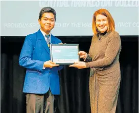  ?? ?? Multi Cultural Awards Hawke's Bay Best Secondary Student Charles Batistis with Hastings Mayor Sandra Hazlehurst.