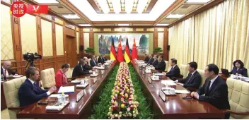  ?? ?? ▲ Chinese President Xi Jinping holds talks with visiting German Chancellor Olaf Scholz in Beijing, China, April 16, 2024