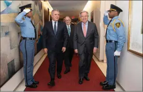  ?? (AP/U.N./Eskinder Debebe) ?? United Nations Secretary General Antonio Guterres (right), seen walking through U.N. headquarte­rs Monday with Colombia President Ivan Duque Marquez, is “deeply concerned” about the coronaviru­s outbreak in Iran, a U.N. spokesman said.