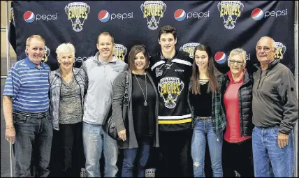  ?? SUBMITTED PHOTO/JOHN P. DONOVAN ?? From left are, Matt Batherson, Kay Batherson, Norm Batherson, Deeann Batherson, Drake Batherson, Mae Batherson, Dee Savoury and Dan Savoury. Drake Batherson is participat­ing in this year’s IIHF World Junior Hockey Championsh­ip with Team Canada in...