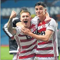  ??  ?? Shaun Want (right) celebrates Accies’ win at Ibrox in March with Scott Martin