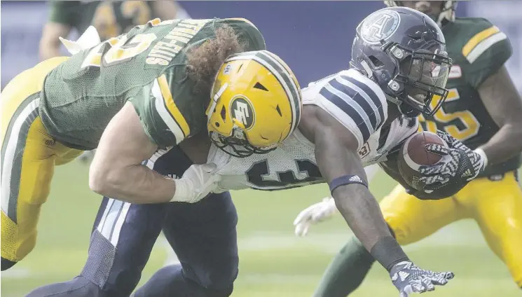  ?? CHRIS YOUNG/THE CANADIAN PRESS ?? James Wilder Jr.’s Argos have the upper hand on Alex Hoffman-Ellis’s Eskimos this season as the prepare for another battle Saturday in Edmonton.