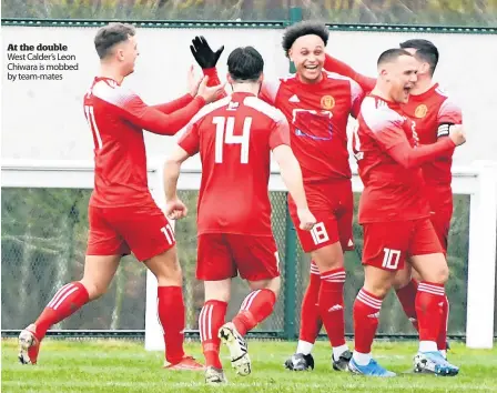  ?? ?? At the double West Calder’s Leon Chiwara is mobbed by team-mates