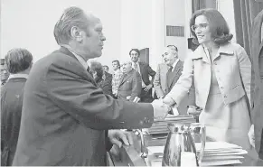  ?? BETTMANN ARCHIVE VIA GETTY IMAGES ?? President Gerald Ford greets Rep. Elizabeth Holtzman after his testimony to the House Judiciary Committee in 1974.