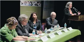  ?? BRYAN SCHLOSSER/Leader-Post ?? From left: panel members Jen Budney, Richard MacKinnon, Shauneen Pete, Glen Sutter and Sandra Massey at the U of R Living Heritage Growing Our Cultural Heritage event Tuesday.