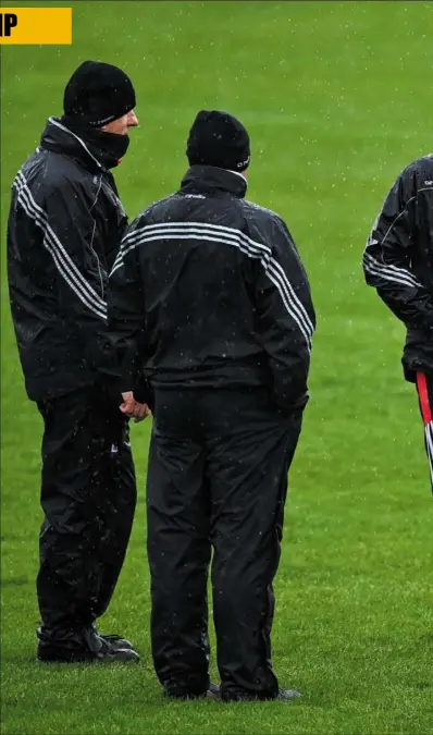  ??  ?? Louth manager Wayne Kierans with his backroom team prior to the Leinster Senior Championsh­ip match against