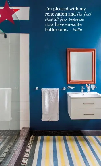  ??  ?? A wall-mounted vanity (above) is a space-saver in Liam’s compact en-suite bathroom where Sally painted a red star and white stripe. His is the only bathroom with a black screed floor; the other bathrooms all boast a white screed.