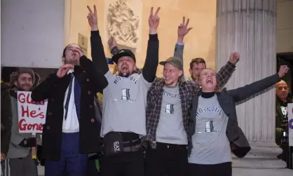  ?? Photograph: Finnbarr Webster/Getty Images ?? From left, Sage Willoughby, Jake Skuse, Milo Ponsford and Rhian Graham celebrate after receiving a not guilty verdict at Bristol Crown Court after the statue of 17th-century slave trader Edward Colston was pulled down and thrown into Bristol Harbour on June 7, 2020.