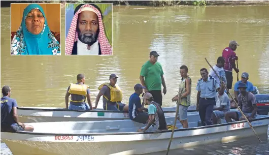  ?? Photo: Shratika Naidu ?? Police search for Taiyab Hussain in the Labasa River on June 3, 2020. Inset: Haliman Bi (left) and Taiyab Hussain.