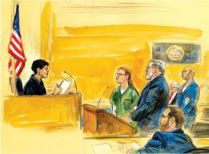  ?? Associated Press ?? This courtroom sketch shows Maria Butina, (centre), next to her attorney Robert Driscoll, before US District Judge Tanya Chutkan, during a court hearing at the US District Court in Washington on Thursday.